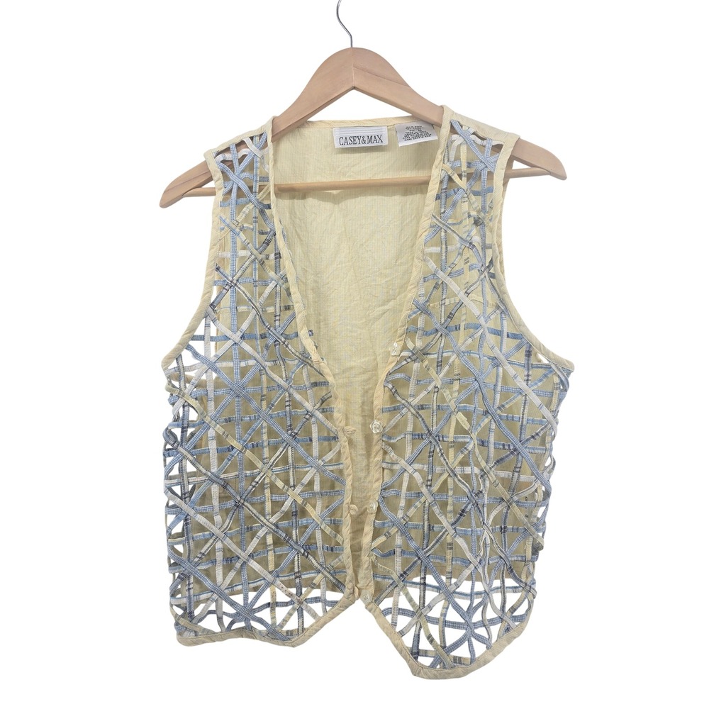 Casey & Max Vest Women Medium Yellow Blue Lattice Cotton Linen Flower Button 90s